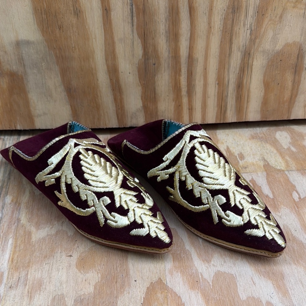 Red and Gold Mules with Ornate Detailing
